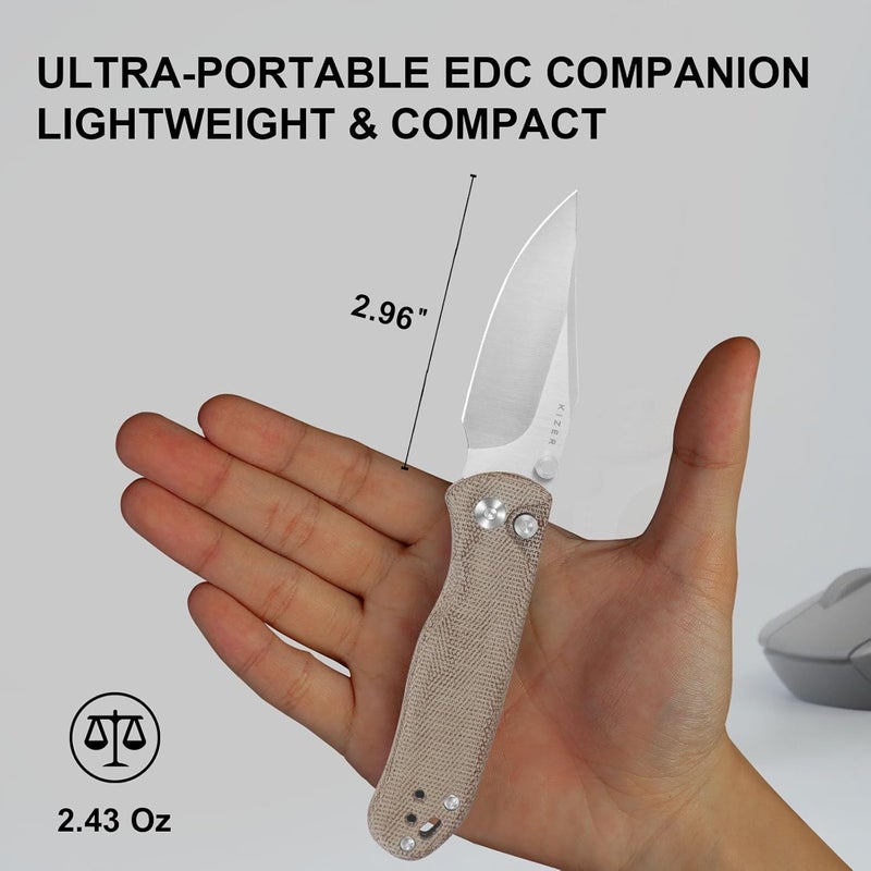 KIZER سكين جيب دروب بير 2، شفرة نقطة مشبك 2.96" من نيترو-في مع مقبض ميكارا بني، قفل بطانة زر لسكين EDC مع نتوءات على العمود للرجال والنساء V3619.2CC1 - Image 5